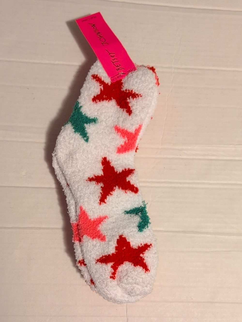 Betsey Johnson Fuzzy Sock Set in White, Pink & Red